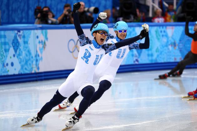 SOCHI, RUSSIA - FEBRUARY 15:  Gold medallist Victor An (L) of Russia and silver medallist Vladimir Grigorev of Russia celebrate after the Men's 1000 m Final Short Track Speed Skating on day 8 of the Sochi 2014 Winter Olympics at the Iceberg Skating Palace on February 15, 2014 in Sochi, Russia.  (Photo by Paul Gilham/Getty Images)