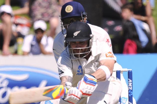 New Zealand’s Brendon McCullum bats against India on the third day of the second cricket test at Basin Reserve in Wellington, New Zealand, Sunday, Feb. 16, 2014. (AP Photo/SNPA, Ross Setford) NEW ZEALAND OUT