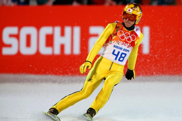 SOCHI, RUSSIA - FEBRUARY 15:  Noriaki Kasai of Japan lands his jump during the Men's Large Hill Individual Final Round on day 8 of the Sochi 2014 Winter Olympics at the RusSki Gorki Ski Jumping Center on February 15, 2014 in Sochi, Russia.  (Photo by Alexander Hassenstein/Getty Images)