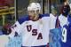 USA forward David Backes celebrates his goal against Slovenia during the 2014 Winter Olympics men's ice hockey game at Shayba Arena Sunday, Feb. 16, 2014, in Sochi, Russia. (AP Photo/Petr David Josek)