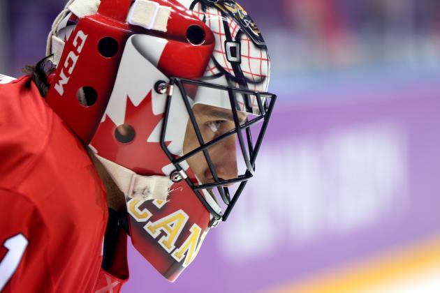 SOCHI, RUSSIA - FEBRUARY 16:  Roberto Luongo #1 of Canada looks on prior to the Men's Ice Hockey Preliminary Round Group B game against Finland on day nine of the Sochi 2014 Winter Olympics at Bolshoy Ice Dome on February 16, 2014 in Sochi, Russia.  (Photo by Bruce Bennett/Getty Images)