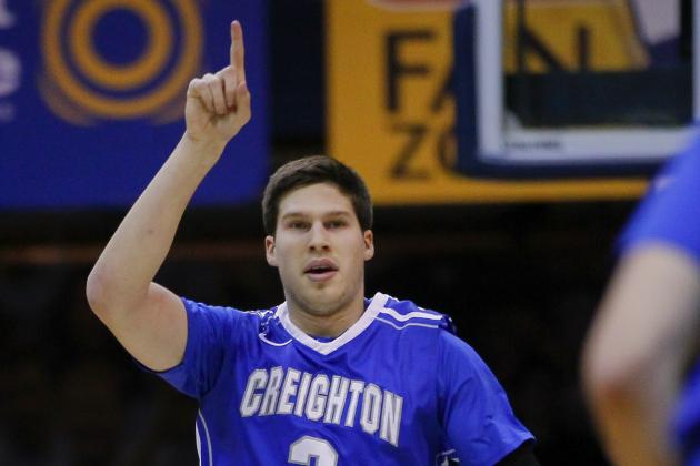 INDIANAPOLIS, IN - FEBRUARY 13: Doug McDermott #3 of the Creighton Bluejays celebrates after a basket against the Butler Bulldogs at Hinkle Fieldhouse on February 13, 2014 in Indianapolis, Indiana. Creighton defeated Butler 68-63. (Photo by Michael Hickey/Getty Images)