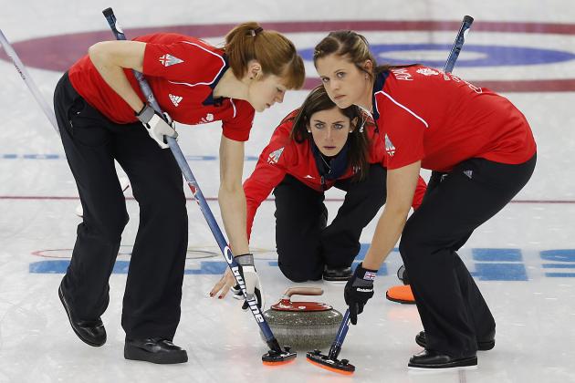 Britain's Eve Muirhead, center, delivers the rock while Vicki Adams, right, and Claire Hamilton, left, during the women's curling competition against Switzerland at the 2014 Winter Olympics, Saturday, Feb. 15, 2014, in Sochi, Russia. (AP Photo/Wong Maye-E)