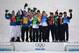 SOCHI, RUSSIA - FEBRUARY 17: (L-R) Silver medalists Austria, gold medalists Germany and bronze medalists Japan celebrate during the flower ceremony for the Men's Team Ski Jumping final round on day 10 of the Sochi 2014 Winter Olympics at the RusSki Gorki Ski Jumping Center on February 17, 2014 in Sochi, Russia. (Photo by Paul Gilham/Getty Images)