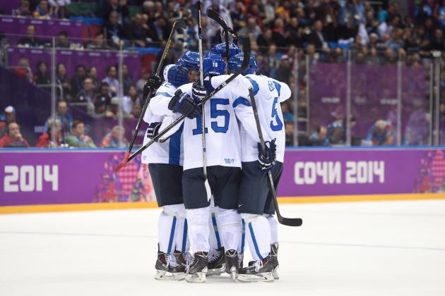 SOCHI, RUSSIA - FEBRUARY 16: Tuomo Ruutu #15 of Finland celebrates with his teammates after scoring a goal in the second period against Carey Price #31 of Canada during the Men's Ice Hockey Preliminary Round Group B game on day nine of the Sochi 2014 Winter Olympics at Bolshoy Ice Dome on February 16, 2014 in Sochi, Russia. (Photo by Lars Baron/Getty Images)