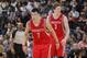 OAKLAND, CA - FEBRUARY 12: Jeremy Lin #7 and Omer Asik #3 of the Houston Rockets in a game against the Golden State Warriors on February 12, 2013 at Oracle Arena in Oakland, California. NOTE TO USER: User expressly acknowledges and agrees that, by downloading and or using this photograph, user is consenting to the terms and conditions of Getty Images License Agreement. Mandatory Copyright Notice: Copyright 2013 NBAE (Photo by Rocky Widner/NBAE via Getty Images)