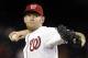 Washington Nationals starting pitcher Stephen Strasburg delivers a pitch against the Miami Marlins during the fifth inning of their baseball game at Nationals Park in Washington, Sunday, Sept. 22, 2013. Strasburg got his 500th career strikeout during the game. (AP Photo/Susan Walsh)