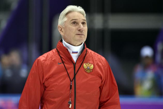 Feb 10, 2014; Sochi, RUSSIA; Russia head coach Zinetula Bilyaletdinov during an ice hockey training session in advance of the Sochi 2014 Olympic Winter Games at Bolshoy Arena. Mandatory Credit: Scott Rovak-USA TODAY Sports
