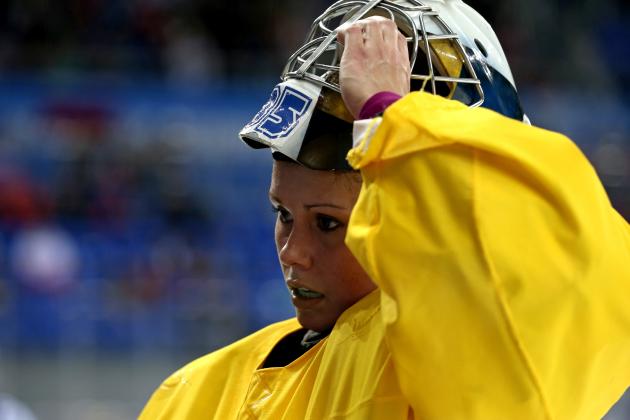 SOCHI, RUSSIA - FEBRUARY 17: Valentina Lizana Wallner #35 of Sweden looks on in the first period against the United States during the Women's Ice Hockey Playoffs Semifinal game on day ten of the Sochi 2014 Winter Olympics at Shayba Arena on February 17, 2014 in Sochi, Russia.  (Photo by Bruce Bennett/Getty Images)
