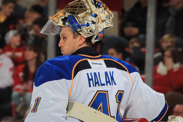 DETROIT, MI - JANUARY 20: Jaroslav Halak #41 of the St. Louis Blues gets a drink of water on a play stoppage during an NHL game against the Detroit Red Wings on January 20, 2014 at Joe Louis Arena in Detroit, Michigan. The Blues defeated the Wings 4-1 (Photo by Dave Reginek/NHLI via Getty Images)