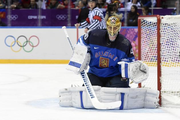 Feb 19, 2014; Sochi, RUSSIA; Finland goalie Tuukka Rask (40) makes a save against Russia in the men's ice hockey quarterfinals during the Sochi 2014 Olympic Winter Games at Bolshoy Ice Dome. Mandatory Credit: Scott Rovak-USA TODAY Sports