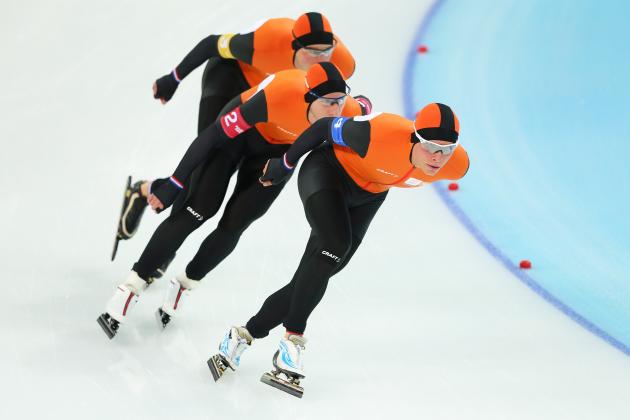SOCHI, RUSSIA - FEBRUARY 21:  (L to R) Sven Kramer, Jan Blokhuijsen and Koen Verweij of the Netherlands compete during the Men's Team Pursuit Quarterfinals Speed Skating event on day fourteen of the Sochi 2014 Winter Olympics at Adler Arena Skating Center on February 21, 2014 in Sochi, Russia.  (Photo by Quinn Rooney/Getty Images)