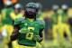 Nov 29, 2013; Eugene, OR, USA; Oregon Ducks running back De'Anthony Thomas (6) runs for a pass in the pre game against the Oregon State Beavers at Matthew Knight Arena. Mandatory Credit: Scott Olmos-USA TODAY Sports