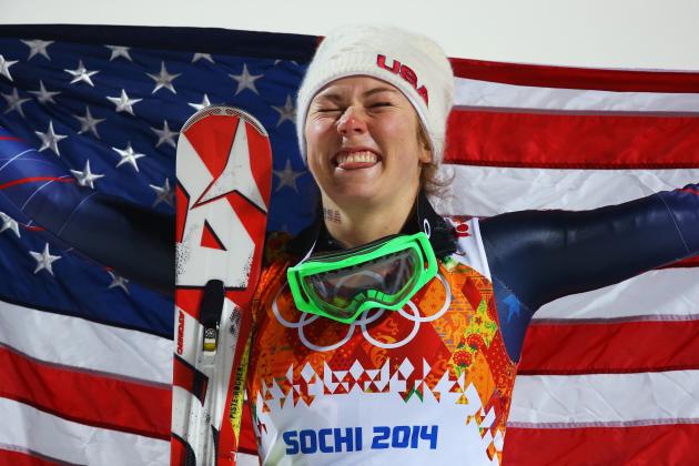 SOCHI, RUSSIA - FEBRUARY 21:  Gold medalist Mikaela Shiffrin of the United States celebrates during the flower ceremony for the Women's Slalom during day 14 of the Sochi 2014 Winter Olympics at Rosa Khutor Alpine Center on February 21, 2014 in Sochi, Russia.  (Photo by Doug Pensinger/Getty Images)