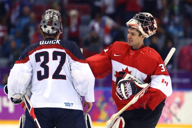 SOCHI, RUSSIA - FEBRUARY 21: Carey Price #31 of Canada and Jonathan Quick #32 of the United States shake hands after Canada defeated the United States 1-0 during the Men's Ice Hockey Semifinal Playoff on Day 14 of the 2014 Sochi Winter Olympics at Bolshoy Ice Dome on February 21, 2014 in Sochi, Russia. (Photo by Al Bello/Getty Images)