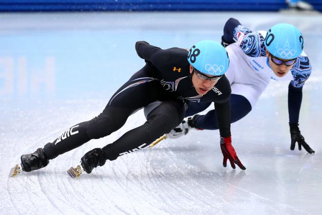 SOCHI, RUSSIA - FEBRUARY 21:  J.R. Celski of the United States leads to Victor An of Russia in the Short Track Men's 5000m Relay A on day fourteen of the 2014 Sochi Winter Olympics at Iceberg Skating Palace on February 21, 2014 in Sochi, Russia.  (Photo by Ryan Pierse/Getty Images)
