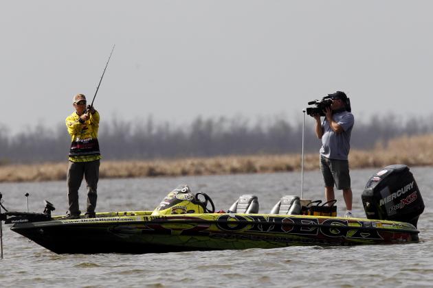 Derek Remitz, of Grant Ala., currently in second place, competes in the final round of the Bassmaster Classic in Lake Cataouatche in Jefferson Parish, La., Sunday, Feb. 20, 2011. (AP Photo/Gerald Herbert)