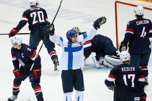 Teemu Selanne of Finland (8) celebrates his goal againt Team USA during the third period of the men's bronze medal ice hockey game at the 2014 Winter Olympics, Saturday, Feb. 22, 2014, in Sochi, Russia. (AP Photo/Matt Slocum)