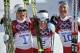 SOCHI, RUSSIA - FEBRUARY 22: (FRANCE OUT) Marit Bjoergen of Norway wins gold medal, Therese Johaug of Norway wins silver medal, Kristin Stoermer Steira of Norway wins bronze medal during the Cross-Country Women's 30km Mass Start at the Laura Cross-country Ski & Biathlon Center on February 22, 2014 in Sochi, Russia. (Photo by Vianney Thibaut/Agence Zoom/Getty Images)