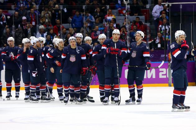 SOCHI, RUSSIA - FEBRUARY 22: The United States  look on after losing to Finland 5-0 during the Men's Ice Hockey Bronze Medal Game on Day 15 of the 2014 Sochi Winter Olympics at Bolshoy Ice Dome on February 22, 2014 in Sochi, Russia.  (Photo by Martin Rose/Getty Images)