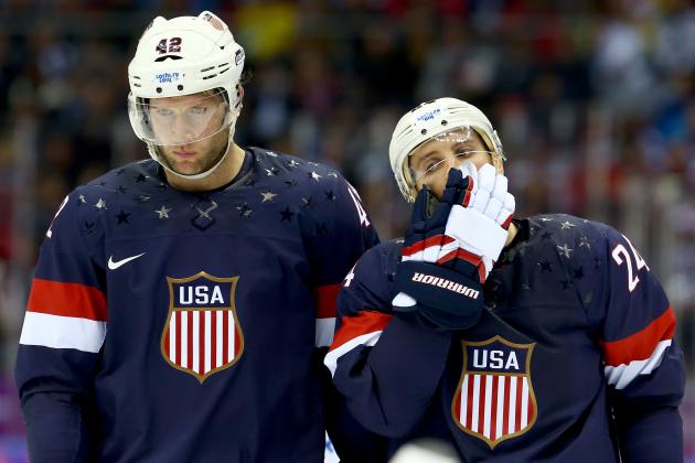 SOCHI, RUSSIA - FEBRUARY 22: David Backes #42 and Ryan Callahan #24 of the United States look on late in the third period against Finland during the Men's Ice Hockey Bronze Medal Game on Day 15 of the 2014 Sochi Winter Olympics at Bolshoy Ice Dome on February 22, 2014 in Sochi, Russia. (Photo by Streeter Lecka/Getty Images)