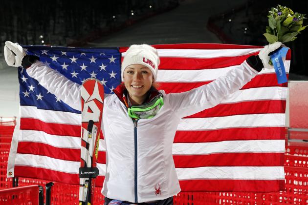 Feb 21, 2014; Krasnaya Polyana, RUSSIA; Mikaela Shiffrin (USA) celebrates winning gold in ladies' alpine skiing slalom during the Sochi 2014 Olympic Winter Games at Rosa Khutor Alpine Center. Mandatory Credit: Nathan Bilow-USA TODAY Sports