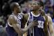 Oklahoma City Thunder center Serge Ibaka, left, walks teammate Kevin Durant away from the referee after Durant is called for a technical foul during the first half of an NBA basketball game against the Portland Trail Blazers in Portland, Ore., Tuesday, Feb. 11, 2014. (AP Photo/Don Ryan)