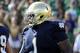 FILE - In this Aug. 31, 2013, file photo Notre Dame defensive lineman Louis Nix lines up during an NCAA college football game against Temple in South Bend, Ind. Nix loves to have fun with people, so it's hard to tell how serious he is when he says he's considering returning for one more year. (AP Photo/Joe Raymond)