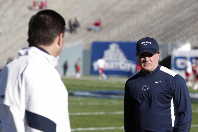 Penn State Interim head coach Tom Bradley, right, and Penn State assistant coach Jay Paterno during the first half of the TicketCity Bowl NCAA college football game, Monday, Jan. 2, 2012, at the Cotton Bowl in Dallas. Houston won 30-14. (AP Photo/Brandon Wade)