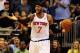 Feb 21, 2014; Orlando, FL, USA; New York Knicks small forward Carmelo Anthony (7) reacts after stepping out of bounds with less then a minute to go in regulation with the game tied as the Orlando Magic beat the New York Knicks 129-121 in double overtime at Amway Center. Anthony had a game-high 44 points. Mandatory Credit: David Manning-USA TODAY Sports