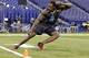 South Carolina defensive lineman Jadeveon Clowney runs a drill at the NFL football scouting combine in Indianapolis, Monday, Feb. 24, 2014. (AP Photo/Michael Conroy)
