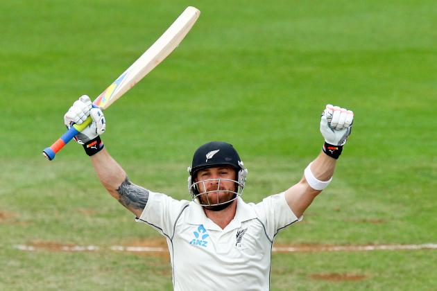 WELLINGTON, NEW ZEALAND - FEBRUARY 18: Brendon McCullum of New Zealand celebrates after reaching 300 runs for New Zealand's first ever triple century and the highest ever score by a New Zealand cricketer during day five of the 2nd Test match between New Zealand and India on February 18, 2014 in Wellington, New Zealand. (Photo by Hagen Hopkins/Getty Images)