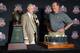 Jan 7, 2014; Newport Beach, CA, USA; Florida State Seminoles coach Jimbo Fisher (right) is presented the Grantland Rice trophy by Football Writers Association president and Austin-American Statesman columnist Kirk Bohls at 2014 BCS National Championship press conference at Newport Beach Marriott. Mandatory Credit: Kirby Lee-USA TODAY Sports