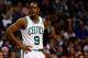 BOSTON, MA - JANUARY 24: Rajon Rondo #9 of the Boston Celtics looks on during a game against the Oklahoma City Thunder at the TD Garden on January 24, 2014 in Boston, Massachusetts. NOTE TO USER: User expressly acknowledges and agrees that, by downloading and/or using this photograph, user is consenting to the terms and conditions of the Getty Images License Agreement. (Photo by Alex Trautwig/Getty Images)