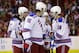 New York Rangers defenseman John Moore (17), left wing Rick Nash (61), right wing Mats Zuccarello (36), from Norway, and center Derick Brassard (16) talk in the third period of Game 5 first-round NHL Stanley Cup playoff hockey series against the Washington Capitals, Friday, May 10, 2013 in Washington. (AP Photo/Alex Brandon)