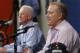 Denver Broncos Vice President John Elway, right, speaks during an end of the season news conference at the NFL football team's headquarters in Englewood, Colo., on Tuesday, Feb. 4, 2014. Head coach John Fox listens at left. (AP Photo/Ed Andrieski)