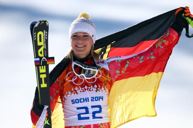 SOCHI, RUSSIA - FEBRUARY 15: (FRANCE OUT) Maria Hoefl-Riesch of Germany wins the silver medal during the Alpine Skiing Women's Super-G at the Sochi 2014 Winter Olympic Games at Rosa Khutor Alpine Centre on February 15, 2014 in Sochi, Russia. (Photo by Christophe Pallot/Agence Zoom/Getty Images)