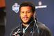 Feb 22, 2014; Indianapolis, IN, USA; Pittsburgh Panthers defensive tackle Aaron Donald speaks at the NFL Combine at Lucas Oil Stadium. Mandatory Credit: Pat Lovell-USA TODAY Sports