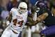 Oct 26, 2013; Fort Worth, TX, USA; Texas Longhorns defensive end Jackson Jeffcoat (44) rushes the passer against TCU Horned Frogs offensive tackle Halapoulivaati Vaitai (74) in the third quarter of the game at Amon G. Carter Stadium. Mandatory Credit: Tim Heitman-USA TODAY Sports