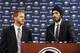 Former Buffalo Sabres forward Steve Ott, left, and goaltender Ryan Miller talk about their future after a trade that sent them to the St. Louis Blues, in Buffalo, N.Y., Friday, Feb. 28, 2014. (AP Photo/Gary Wiepert)