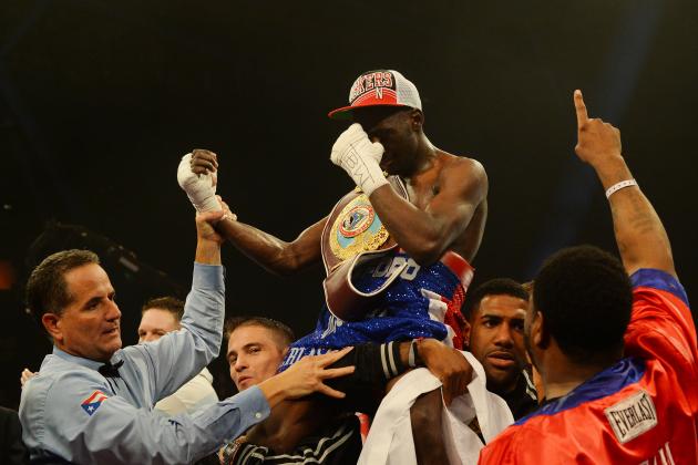 GLASGOW, SCOTLAND - MARCH 1 : Terence Crawford celebrates his victory over Rick Burns during the WBO World Lightweight Championship Boxing match at the Glasgow SECC on March 1 2014 in Glasgow, Scotland. (Photo by Mark Runnacles/Getty Images)