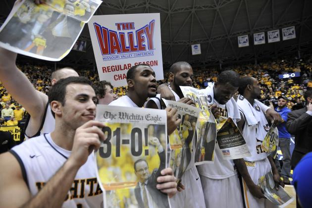WICHITA, KS - MARCH 01: The Wichita State Shockers celebrate after beating the Missouri State Bears on March 1, 2014 at Charles Koch Arena in Wichita, Kansas. Wichita State won 68-45. (Photo by Peter Aiken/Getty Images)