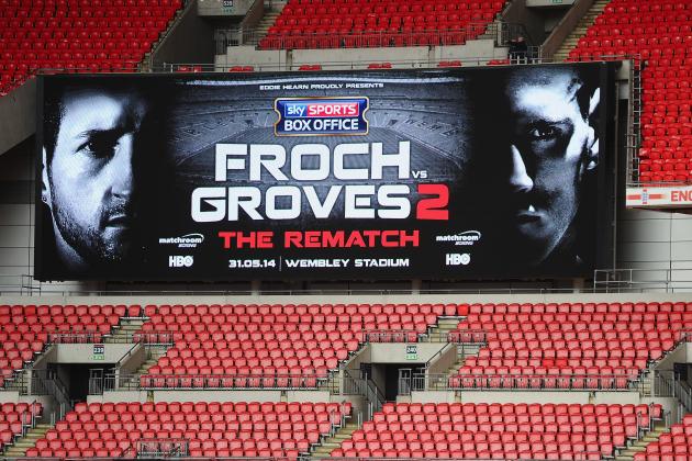 LONDON, ENGLAND - MARCH 04:  Wembley Stadium's big screen displays the Froch v Groves 2 logo during the announcement that Wembley Stadium will stage the rematch between Carl Froch and George Groves on May 31 at Wembley Stadium on March 4, 2014 in London, England.  (Photo by Mike Hewitt/Getty Images)