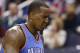 Oklahoma City Thunder center Kendrick Perkins (5) comes off the court bleeding from a cut over his right eye in the first half of an NBA basketball game against the Washington Wizards, Saturday, Feb. 1, 2014, in Washington. The Wizards won 96-81. (AP Photo/Alex Brandon)