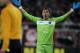 Levante's goalkeeper Keylor Navas of Costa Rica reacts during a Europa League round of 32 soccer match against Olympiakos at the Karaiskaiki stadium in the port of Piraeus, near Athens, Thursday, Feb. 21, 2013. Levante won 1-0. (AP Photo/Thanassis Stavrakis)