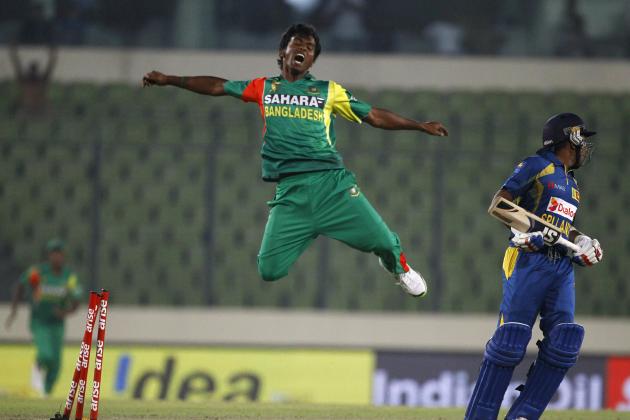 Bangladesh’s Rubel Hossain jumps as he celebrates the wicket of Sri Lanka’s Mahela Jayawardene during the Asia Cup one-day international cricket tournament in Dhaka, Bangladesh, Thursday, March 6, 2014. (AP Photo/A.M. Ahad)