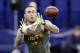 In this Feb. 22, 2014 photo, Oregon tight end Colt Lyerla runs a drill at the NFL football scouting combine in Indianapolis. Lyerla, who sat stone-faced at a table taking question after question from the media about how he turned his life around following a cocaine arrest last fall, will face tougher questions from NFL teams. (AP Photo/Michael Conroy)