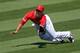 Los Angeles Angels center fielder Mike Trout makes a diving catch on a ball hit by Seattle Mariners' Carlos Triunfel during the third inning of a baseball game on Sunday, Sept. 22, 2013, in Anaheim, Calif. (AP Photo/Mark J. Terrill)