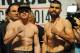 Mar 7, 2014; Las Vegas, NV, USA; Saul Canelo Alvarez (left) and Alfredo Angulo pose for photographers during a weigh-in before their super welterweight bout at MGM Grand Garden Arena. Mandatory Credit: Stephen R. Sylvanie-USA TODAY Sports
