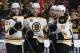 SUNRISE, FL - MARCH 9: Carl Soderberg #34 of the Boston Bruins is congratulated by teammates including Loui Eriksson #21 and Reilly Smith #18 after scoring a second period goal against the Florida Panthers at the BB&T Center on March 9, 2014 in Sunrise, Florida. (Photo by Joel Auerbach/Getty Images)